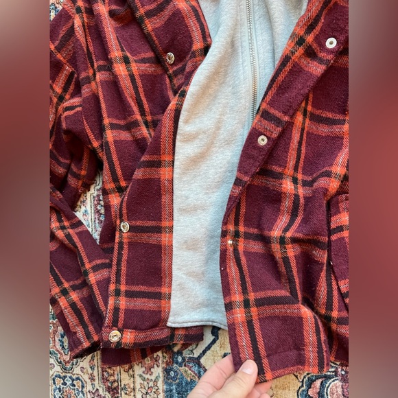 EUC Fashion on Earth maroo orange plaid & grey hoodie layer oversized jacket, M - Picture 2 of 6
